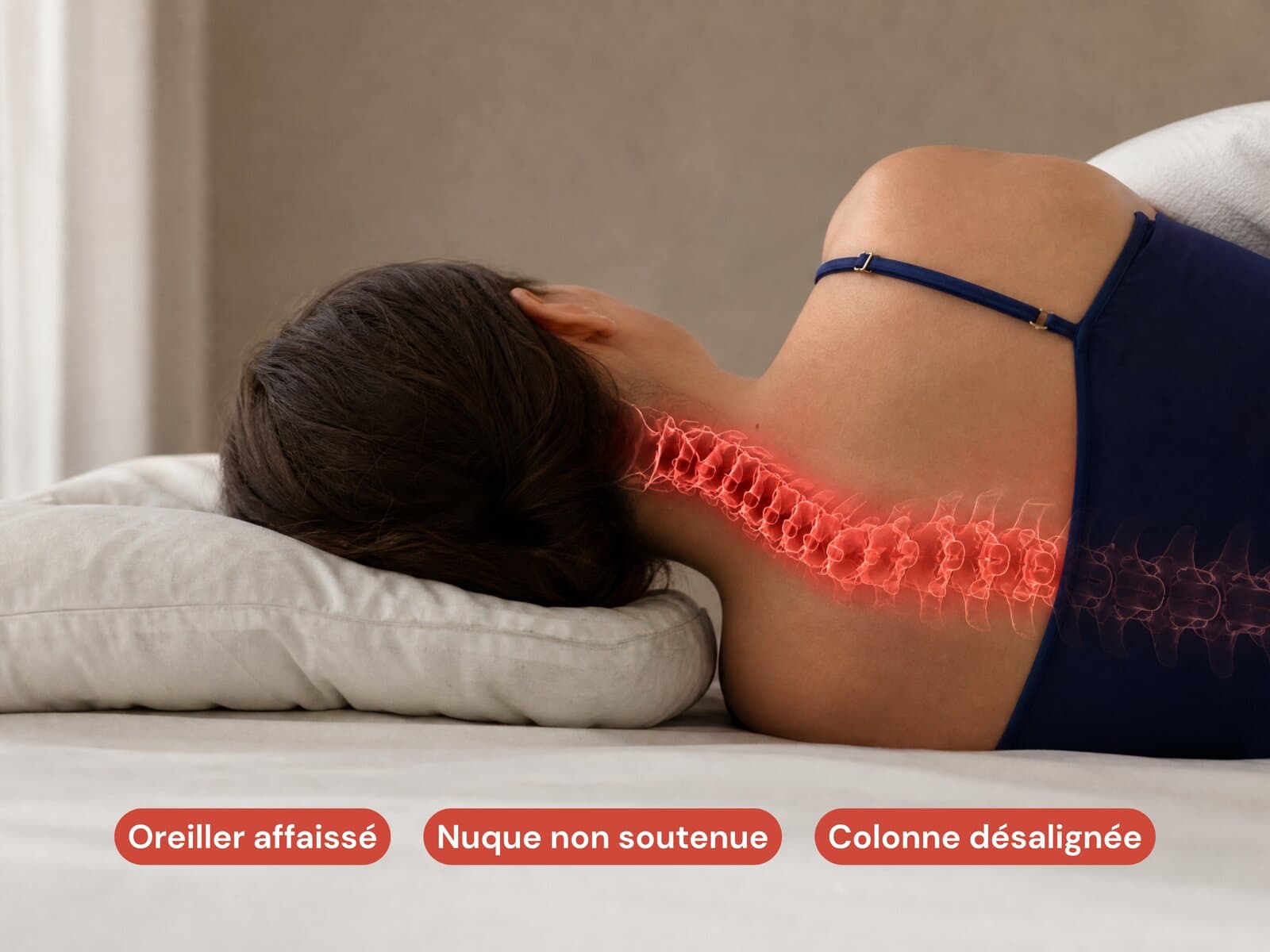 En fin de nuit, l'oreiller s'est affaissé. La tête descend, la nuque se plie pour compenser. Colonne désalignée.